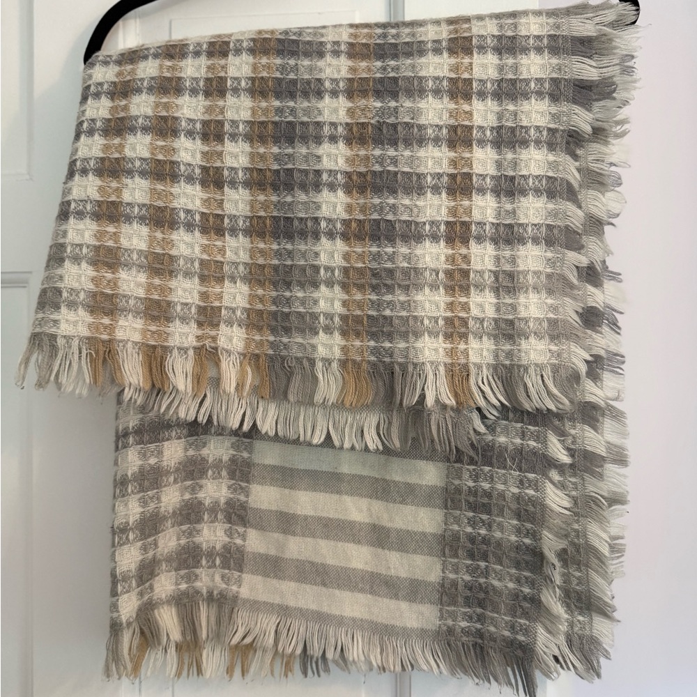 Halogen Plaid Fringe Scarf in Gray and Tan